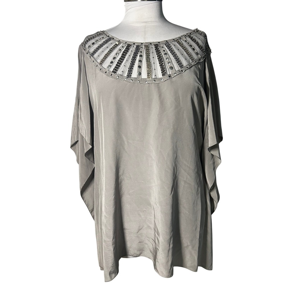 BCBGMAXAZRIA Silver 100% Silk Embellished Cutout Neckline Batwing Tunic Top L